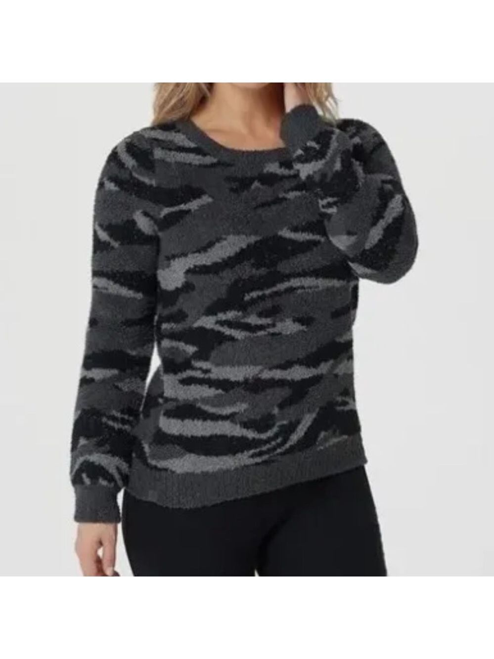 Barefoot Dreams Sweater Gray Black Carbon Camo Seaside Crew Neck Pullover Size M